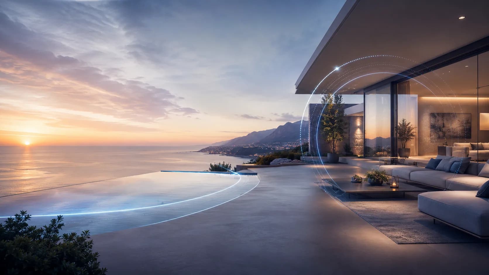Villa premium en extérieur photographiée par HD Media au coucher du soleil